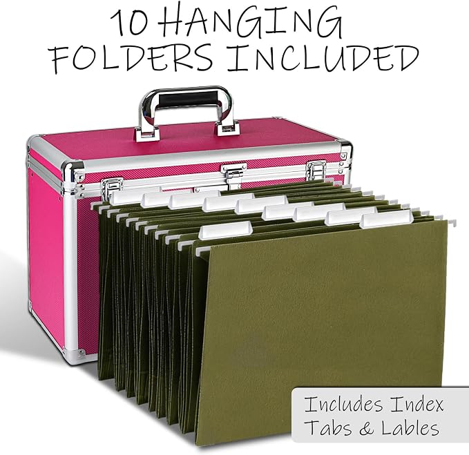 File Storage Cabinet for Legal Size Hanging File Folders, Suspension File Holder, Document Organizer Filing Lockbox in Office and Home with Combination Lock and 10-pack Hanging Files (Pink, Legal)