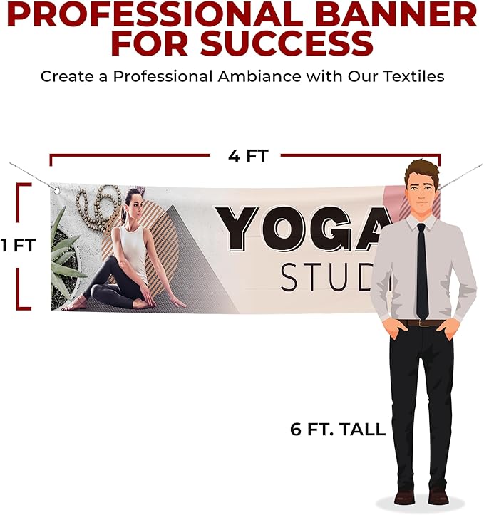Yoga Studio Large Banners and Signs for Outdoor by Mavis Printing-Polyester Banner with 4 Holes for Easy Hang Indoor & Outdoor|4x1 Feet HD Banner to Promote Church| Made in USA