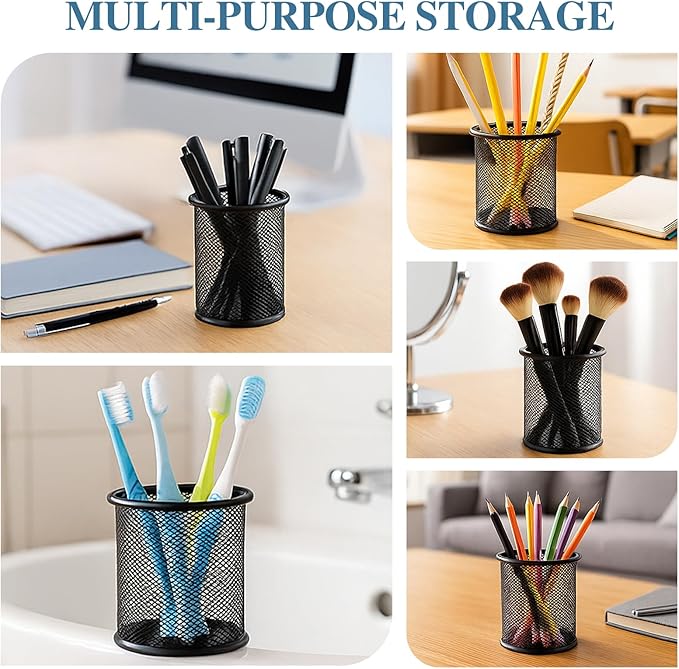 Black Wire Mesh Pen Holder Cup – Durable Steel Desk Organizer for Pens, Pencils, and Office Supplies