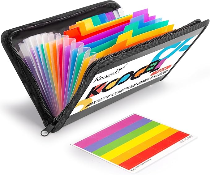 Koogel Expanding File Folder, 13 Pockets Small Accordion File Holder Organizer with Labels for Receipt Cards, Document, Zipper Closure, Bill Business, Coupons Storage, Classroom, 8.3X5.1 Inches, Black