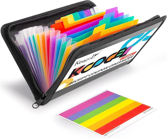 Koogel Expanding File Folder, 13 Pockets Small Accordion File Holder Organizer with Labels for Receipt Cards, Document, Zipper Closure, Bill Business, Coupons Storage, Classroom, 8.3X5.1 Inches, Black