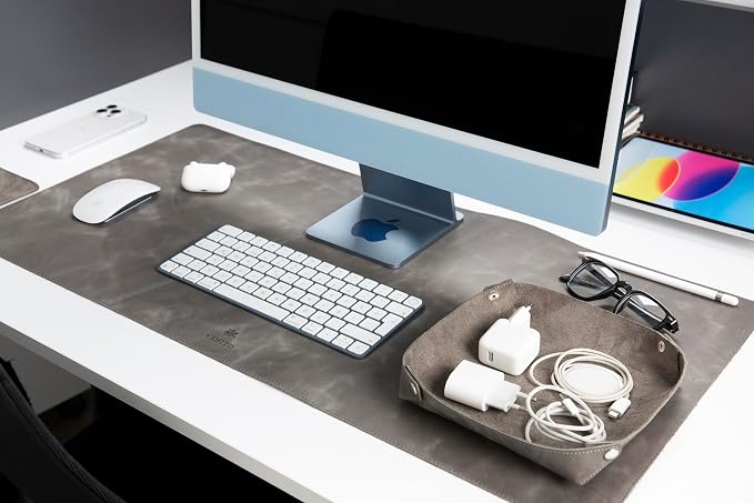 VENITO Leather 3-in-1 Desk Mat Set – Desk Mat (32"x16"), Organizer Tray & Cup Coaster – Full-Grain Leather Desk Pad for Office & Home – Elegant Workspace Accessories for Men & Women, Grey