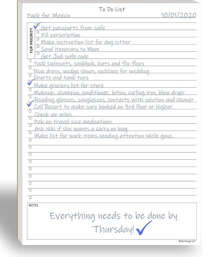 Life Charge TO DO List Planner Notepad, 60 Page Planning Pad. Undated ToDo Checklist w/Priority & Note Sections. Organize & Track Projects, Clients or Daily Tasks. 8.5 X 11, A4 Tear Sheets.