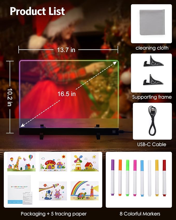 AMIR LED Note Board with Colors, 13.7“x10” LED Drawing Board Acrylic Dry Erase Board with 4 Light Colors, Brightness Adjustment, Stand, 7 Markers, 5 Copy Drawings Message Board for Home or Decor