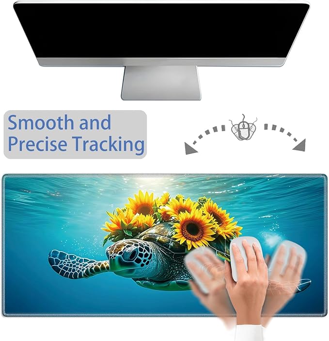 Mouse Pad Gaming Mousepad 31.5x11.8 Inch XXL Large + Coasters,Desk Mat with Stitched Edges, Non-Slip Rubber Base, Thick Mouse Pad for Computer, Laptop, Office & Home - Turtle Sunflower
