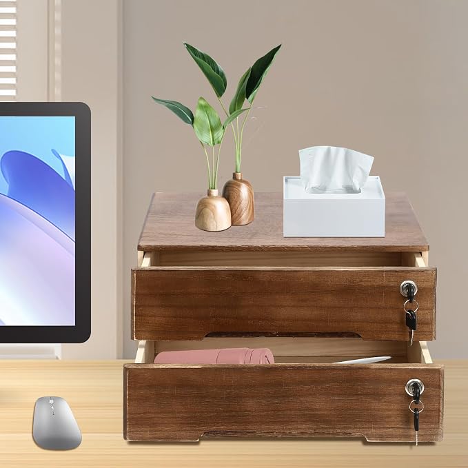 Wooden Desktop Storage Box with Lockable Drawers, Flat File Cabinet Drawer Desktop Storage Box, Countertop Storage Cabinet for Office Home Toiletries Supplies Vanity (Walnut, 2 Drawer)