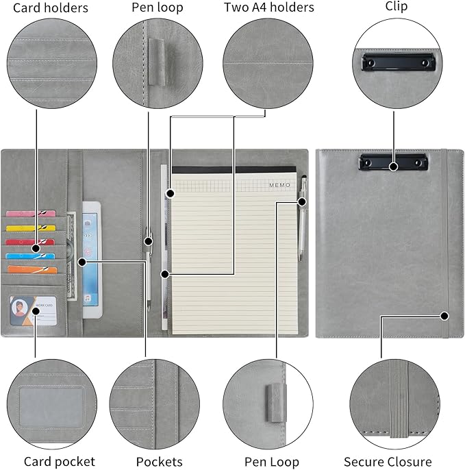 Wonderpool A4 PU Leather Clipboard Partfolio Notepad Forms Holders Document Case - Interview Planner Meeting Writing Padfolio File for Office Travel School Hotel (Grey, A4)
