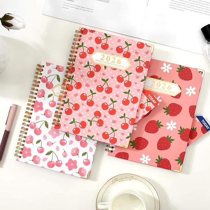 2026 Monthly Planner, Jan.2026 - Dec.2026 Weekly Monthly Planner 6.25"x8.5" with Page Tabs, Calendar Hardcover with Inner Pocket, Elastic Band, Twin-Wire Binding, Bookmark, Cherry Polka Dots