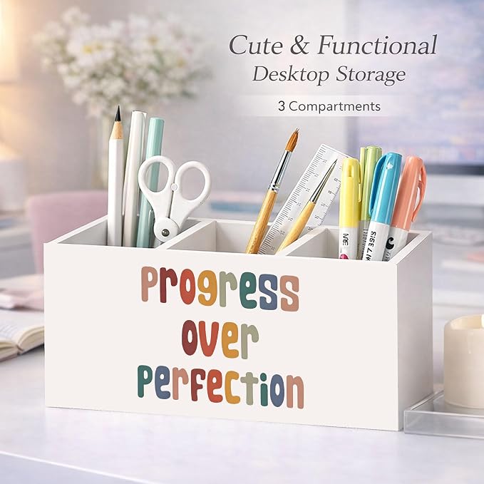 Progress Over Perfection Pen Holder, Motivational Desk Organizer, 3 Compartments Wooden Pencil Caddy for Office, Home, Classroom