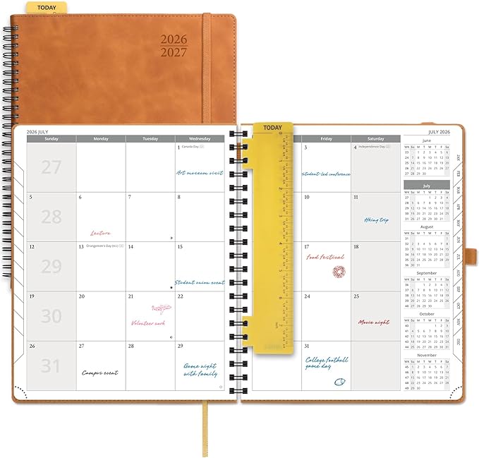 POPRUN 2026-2027 Monthly Planner, Large 8.5" x 10.5", 18 Month Calendar (July 2026 to December 2027) with Expense Tracker, Notes Pages, Sprial Bound, Leather Softcover - Brown
