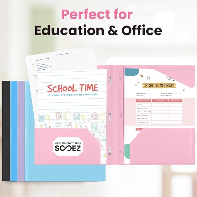 Sooez Plastic Folders with Pockets, 2-Pocket Folders with Prongs Fit Letter Size Paper, 1 Pack Heavy Duty 3 Prong File Folders for Documents, Colored File Folder Back to School Supplies for Kids