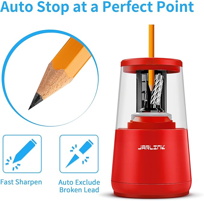 JARLINK Electric Pencil Sharpener, Heavy-Duty Helical Blade to Fast Sharpen, Auto Stop for No.2/Colored Pencils(6-8mm), AC Adapter/Battery Operated in School Classroom/Office/Home (Red)