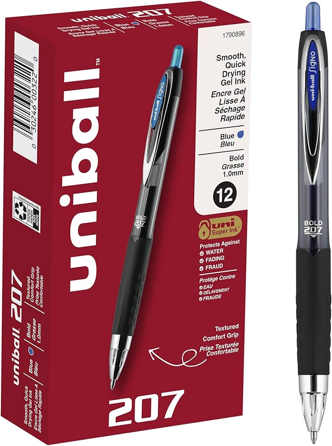 uniball Signo 207, 1.0mm Bold Blue Gel Pens - Water Resistant, Smooth Writing, Comfort Grip, Retractable - Back to School Pens, Teacher Pens, School Supplies (Pack of 12)