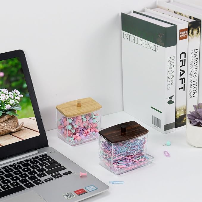 Mulitbey 2-Pack Acrylic Paper Clip Holder with Bamboo Lid – Thick Acrylic Self-Dispensing Desk Organizer Square Paper clip dispenser Cute Qtip Holder for Office, Vanity Bathroom (Clips Not Included)