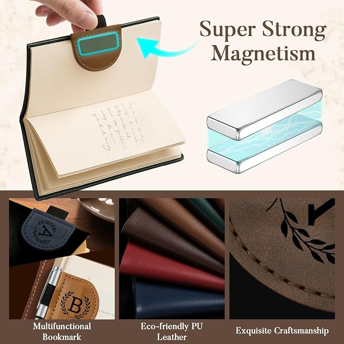 Custom Leather Magnetic Bookmarks Personalized Vintage Engraved Name Initials Text Book Marker Clips Customized Gifts for Readers Kids Book Lovers Classmate (New Bookmark)