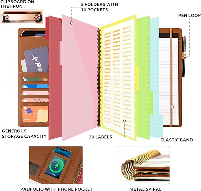 Ospelelf Clipboard with Storage for Men Women, Leather Padfolio Portfolio Organizer 5 Folders with 10 Pockets, Spiral Clipboard Folio with Notepad for Letter Size, Elastic Closure and Pen Loop Brown