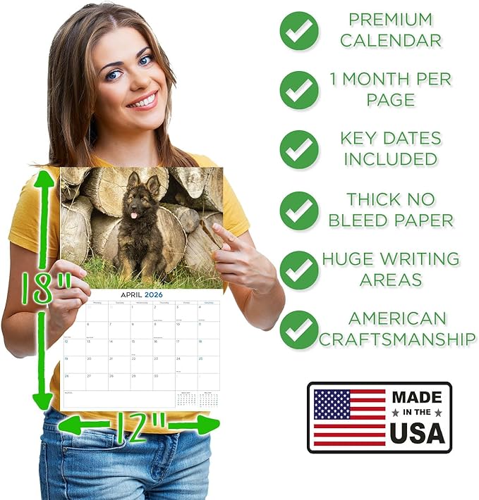 2025 2026 German Shepherd Pups Calendar - Dog Breed Monthly Wall Calendar - 12" x 18" Open - Thick No-Bleed Paper - Giftable - Academic Teacher's Planner Calendar Organizing & Planning - Made in USA
