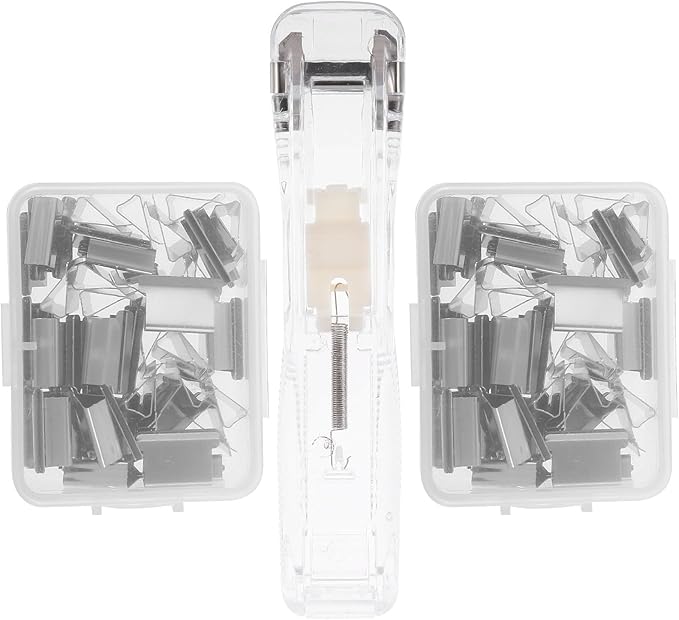 BESTYASH Reusable Document Stapler with Push Clip Dispenser Portable Manual File Fastener Stapler Set and 2 Plastic Refill Clips for Office and School Use