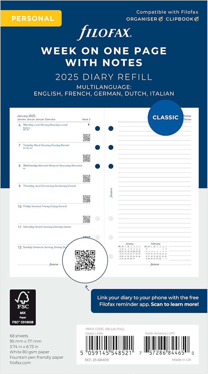 Filofax Calendar Diary Refill, Personal/Compact Size, Week on One Page with Notes, White Paper, Multilingual: Five Languages, 2025 (C68409-25)