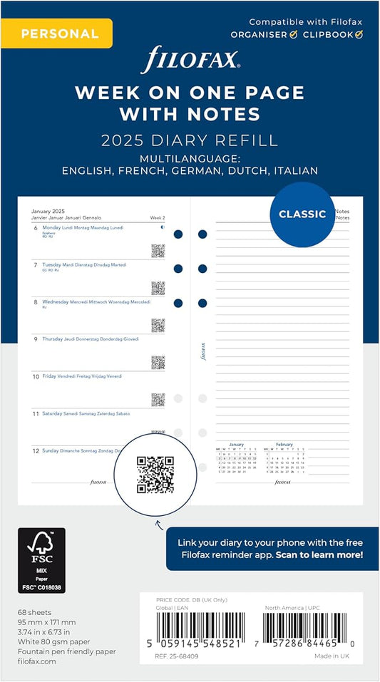 Filofax Calendar Diary Refill, Personal/Compact Size, Week on One Page with Notes, White Paper, Multilingual: Five Languages, 2025 (C68409-25)