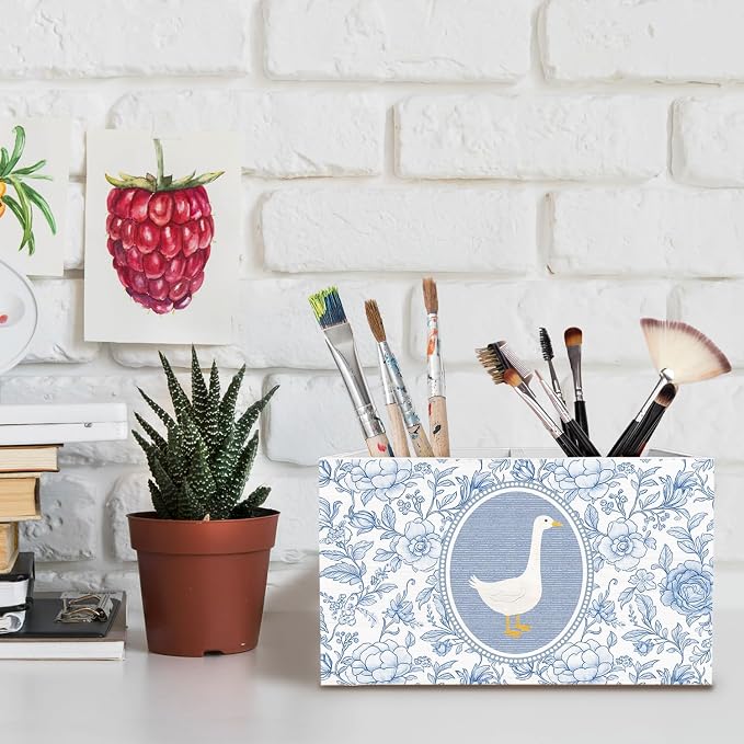 Blue Chinoiserie Floral Goose Pen Holder for Desk, Goose Lover Gifts Pencil Organizer, Vintage Blue and White Flower Wooden Box Sign Desk Decor for Nursery Home Office Decoration