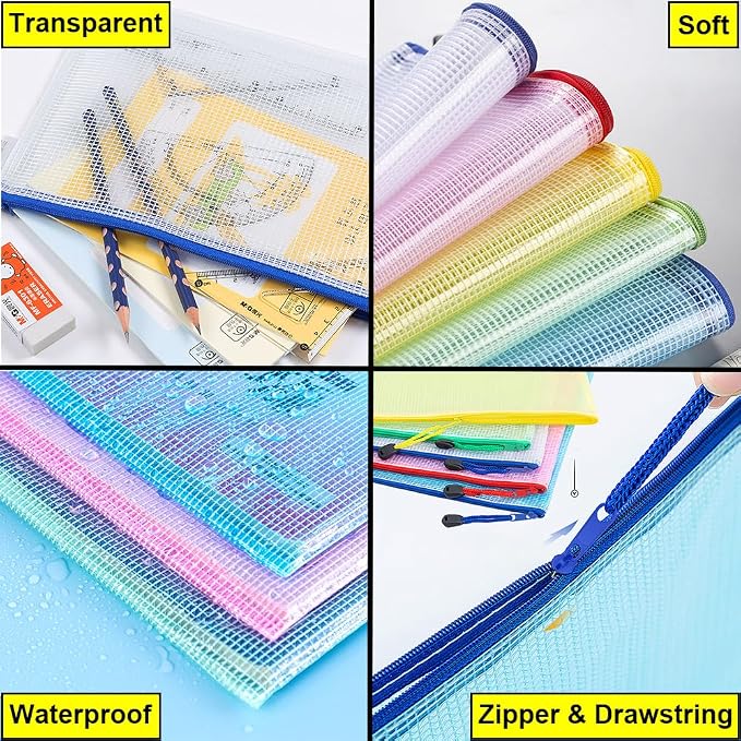 10 Pcs Zipper File Bags, Waterproof Plastic Mesh Pouch for Office School, Board Game Storage Bags (A5 Size 9.2''x6.7'', Multicolored)