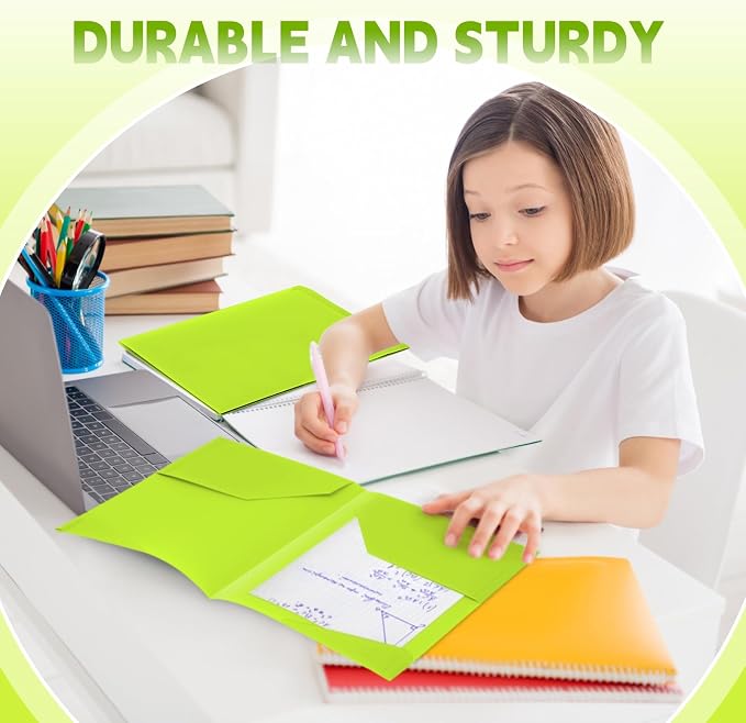 Henoyso 36 Pack Fluorescent Green Plastic Folders with Clear Front Pockets Heavy Duty File Folders with 2 Pockets and Card Slot for Student Communication School Office Presentation Report