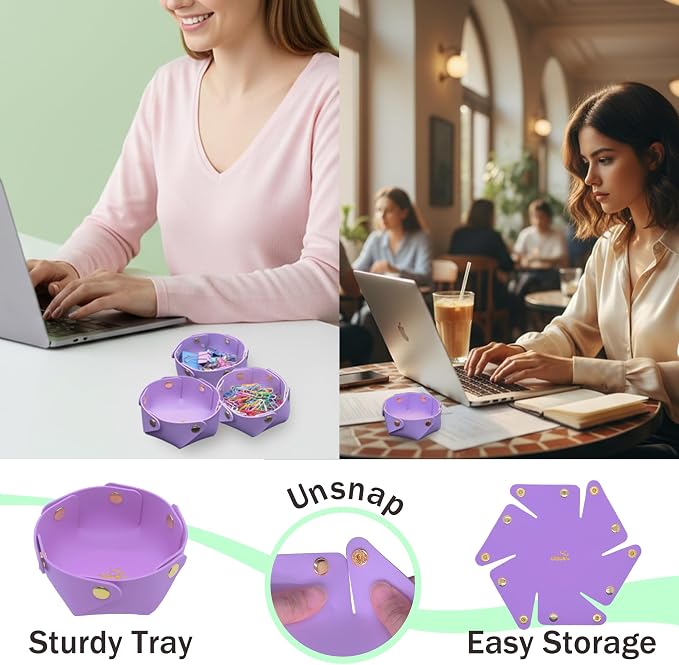 URSUN 3 Pack Cute PU Leather Paper Clip Holder for Desk, Aesthetic Valet Tray for Binder Clips, Hair Accessories, Decorative Small Desk Organizer for Home Office School (Purple)