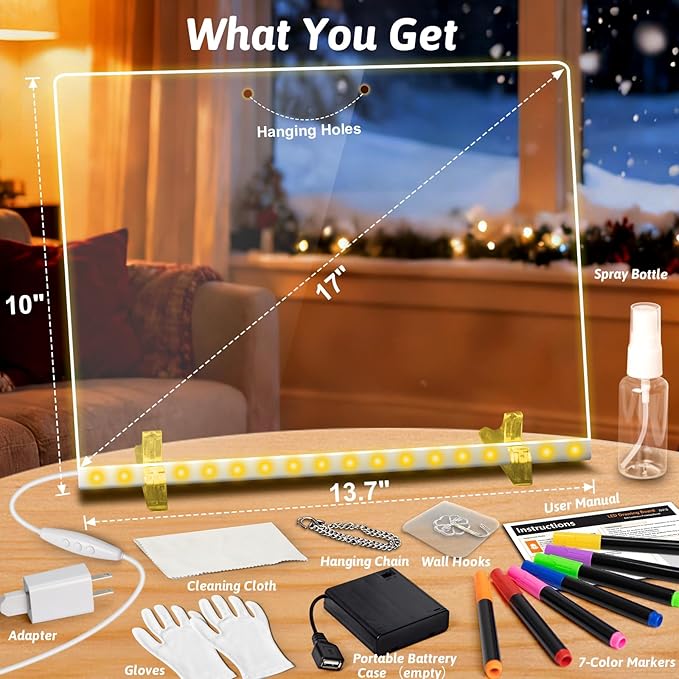 17" Led Drawing Board for Kids, Rechargeable Light Up Drawing Board with 7 Colors & 4 Modes, Portable Acrylic Dry Erase Board Gifts for Kids Girls Boys for Birthday Christmas