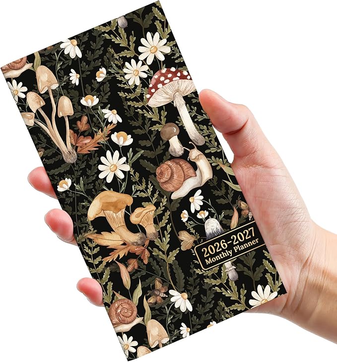Pocket Calendar 2026-2027 for Purse, Two Year Monthly Planner Pocket Size 6.5" x 3.5", Jan 2026 - Dec 2027 Monthly Planner Small Calendar for School, Work and Home - Mushroom