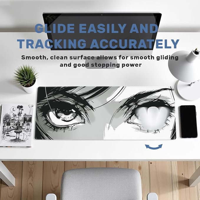 Anime Eyes Gaming Mouse Pad 35.4 x 15.7 Inches Manga Girl Desk Mat with Non-Slip Rubber Base, Stitched Edges for Gaming,Office
