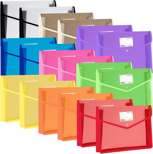 YoeeJob Plastic File Folders Legal Size Expandable Document Folder with Snap Button Closure, A4 Expanding File Wallet Envelopes Pouch with Label Pocket, 18 Packs, Muti-Colored