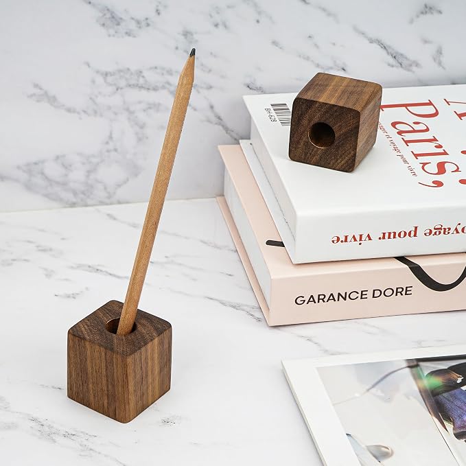 2 Pcs Walnut Wood Pencil Holder Single Slot Pen Stands for Office & Home Desk (0.55" Hole, Pen Not Included)