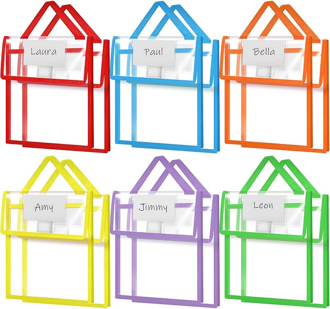 Teling 12 Pack 10 x 12 Inch Clear Book Pouches with Handles and Name Tags, Heavy Duty Reusable Library Book Bags for Classroom, Students Kids and Teacher Supplies (Bright Color)