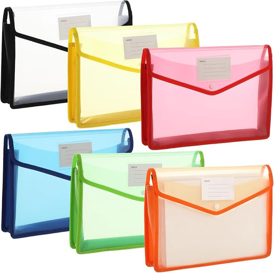 6Pcs A4 Expanding File Folders,Plastic Pocket Folders Accordion Document Organizer with Snap Button Closure, 3.14 in Wide Capacity,File Pouch with Label Pocket