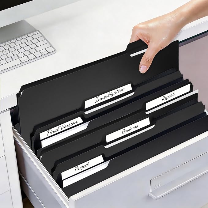 Black File Folders, 6-Pack, 1/3 Tab Filing Folders for 8.5x11 Letter Size Documents, Great for Organizing and Easy File Storage (30 Pack)