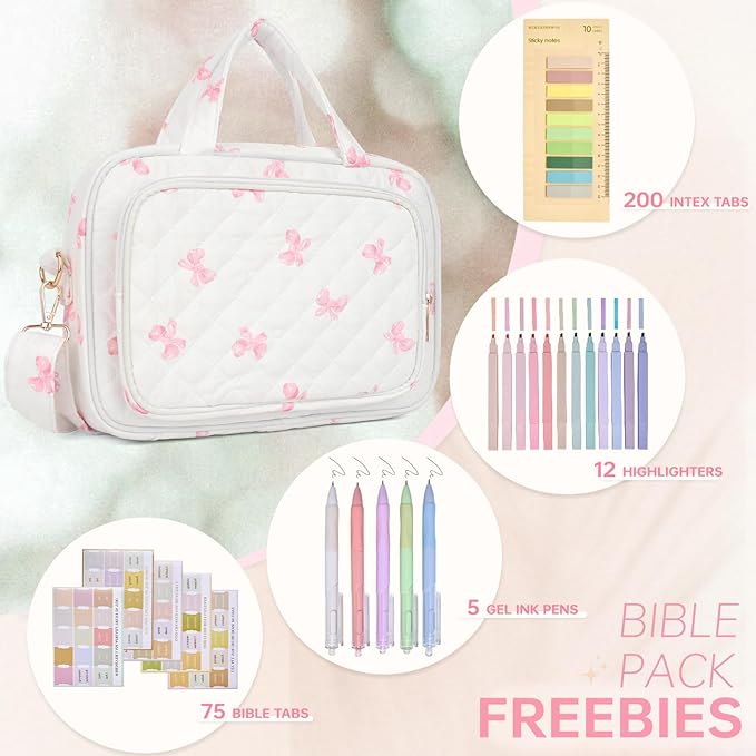 Bible Cover Case for Women Bible Study Supplies Church Camp Essentials Christian Gifts for Women Journaling Kit Quilted Large Bible Book Sleeve (Pink Bow, Large)