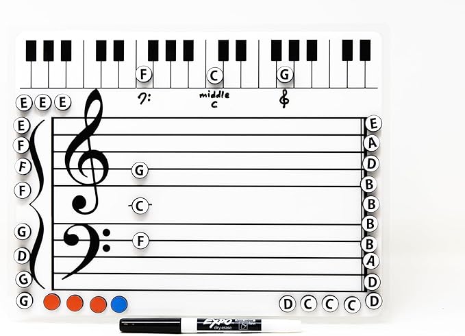 Kits Grand Staff Dry Erase Magnetic Music Theory Board with 35 Note Magnets and Marker (9 x 11.5 Inches) - Piano Teaching Tool, Music Staff Whiteboard, Keyboard Practice Aid