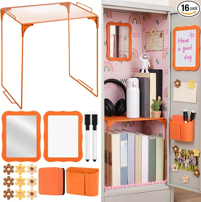 Colarr 16 Pcs Orange Locker Accessories for Girls Includes Magnetic Whiteboard & Mirror Locker Shelf Pen Holder 2 Dry Erase Marker & Eraser 9 Flowers for Back to School Essentials Decoration