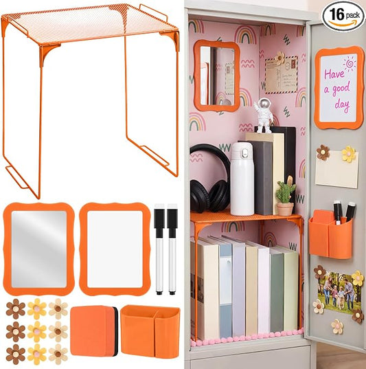 Colarr 16 Pcs Orange Locker Accessories for Girls Includes Magnetic Whiteboard & Mirror Locker Shelf Pen Holder 2 Dry Erase Marker & Eraser 9 Flowers for Back to School Essentials Decoration