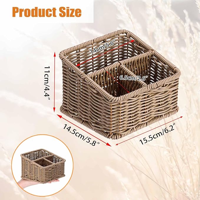 BTSKY 3 Slots Natural Woven Remote Control Holder for Desk Rattan Media TV Caddy Storage Holder Office Supply Storage Rack Desk Accessories Organizer For Living Room Bedroom Countertop, Dark Brown