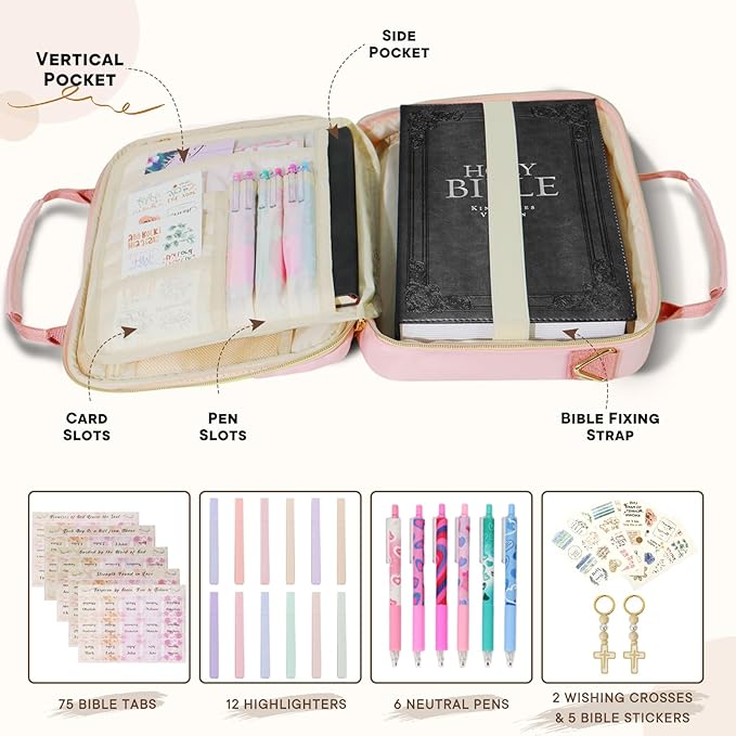 Bible Cover Case for Women, Large Qilted Bible Case with Shoulder Strap,Study Supplies and Highlighters Accessories - Perfect Christian Gift for Church, Travel (Pink,one Size)