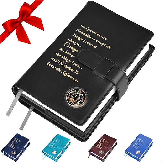 GALILEO® Double AA Big Book Cover & 12 Steps & 12 Traditions | AA Gift | Alcoholics Anonymous | PU Leather | Coin Holder | AA Book Covers for Hardcover (Serenity Prayer/Coin Pocket/Black)