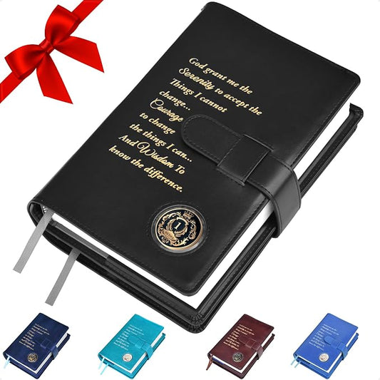 GALILEO® Double AA Big Book Cover & 12 Steps & 12 Traditions | AA Gift | Alcoholics Anonymous | PU Leather | Coin Holder | AA Book Covers for Hardcover (Serenity Prayer/Coin Pocket/Black)