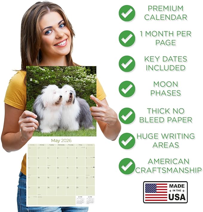 Old English Sheepdog Calendar 2026 by MegaCalendars – Monthly Dog Breed Wall Calendar, Made in USA