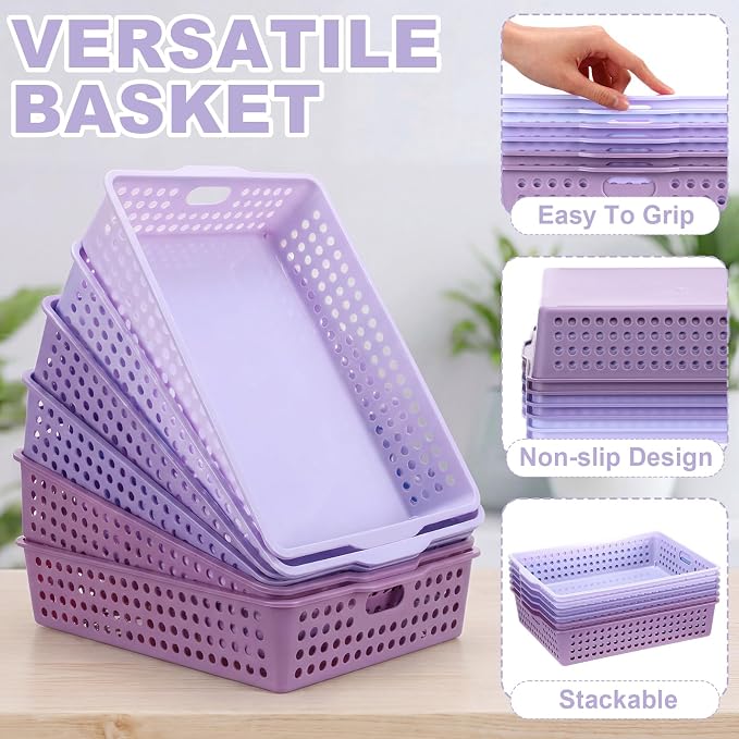 Purple 6 Pack Plastic Classroom Paper Baskets, Turn in Trays, Organizing Desk Tray for A4 Papers, Classroom Storage Turn in Bins, for Teachers and Students, Office Desk Room Trays