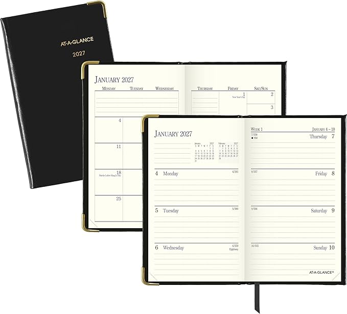 AT-A-GLANCE 2027 Planner, Weekly & Monthly, 3" x 5", Pocket Size Fine Diary, Faux Leather Hardcover, Black (7011110527)