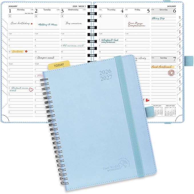 POPRUN Planner 2026-2027 (Medium - 6.5'' x 8.5'') Academic Weekly Calendar (July 2026 - June 2027) with Hourly Time Slots, Monthly Tabs, 100GSM Thick Papers, Spiral Leather Cover - Blue