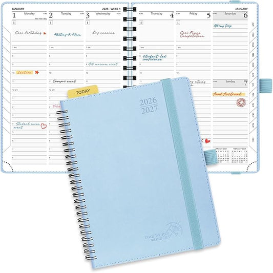 POPRUN Planner 2026-2027 (Medium - 6.5'' x 8.5'') Academic Weekly Calendar (July 2026 - June 2027) with Hourly Time Slots, Monthly Tabs, 100GSM Thick Papers, Spiral Leather Cover - Blue
