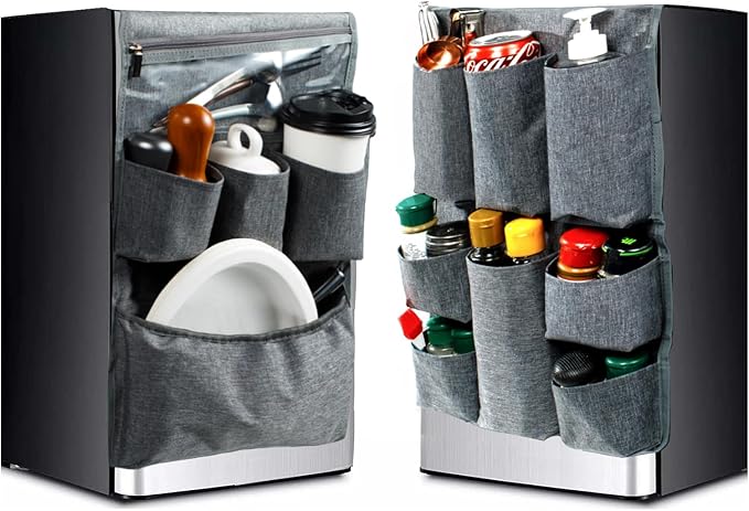Over The Fridge Organizer Storage - Upgraded Mini Fridge Caddy Organizer - College Dorm Room Essentials for College Students Boys, Girls - 12 Pockets Flatware Organizers and Storage